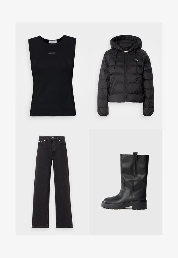 Calvin Klein Jeans LIGHTWEIGHT LOGO PUFFER - Vinterjakker - black; Sort ærmeløs top lavet af glat stof. Har en rund halsudskæring og et lille Calvin Klein-logo i midten. Simpelt og tætsiddende design.; Sorte vidde jeans lavet af denim, med høj talje, fem-lomme stil og en metalknap lukning med kontrasterende syninger.; Sorte læderstøvler til knæene med et slankt design, der har en kraftig sål og en sidehank til nem påtagning. Bemærkelsesværdige stikninger.