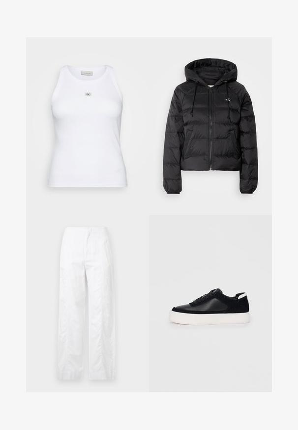 Calvin Klein Jeans LIGHTWEIGHT LOGO PUFFER - Jachetă de iarnă - black; Top din bumbac alb, cu textură canelată, având un mic accent cu logo argintiu în centru. Guler tip crew și design fără mâneci.; Pantaloni albi cu croială largă, fabricați dintr-un material ușor, având o textură netedă, linii curate și un design cu talie înaltă.; Sneaker negru cu piele netedă și panouri din întăritură, șireturi plate, vârf rotund și talpă din cauciuc alb. Logo distinct pe călcâi.