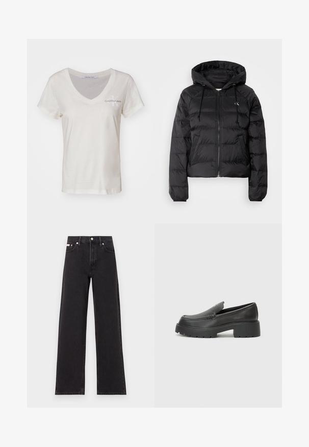 Calvin Klein Jeans LIGHTWEIGHT LOGO PUFFER - Žieminė striukė - black; Balta medvilninė marškinėliai su V formos iškirpte ir trumpomis rankovėmis. Kairėje krūtinės pusėje yra mažas Calvin Klein Jeans logotipas. Lygi tekstūra.; Juodos plačios kojų džinsai, pagaminti iš džinsinio audinio, su aukštu liemeniu, penkių kišenių stiliumi ir metaline sagte su kontrastingo siuvimo detalėmis.; Juodi odiniai loaferiai su apvaliu pirštu, storu tekstūruotu padu ir minimaliu siūlių dekoru. Išskirtinis dizainas be matomų raištelių ar furnitūros.
