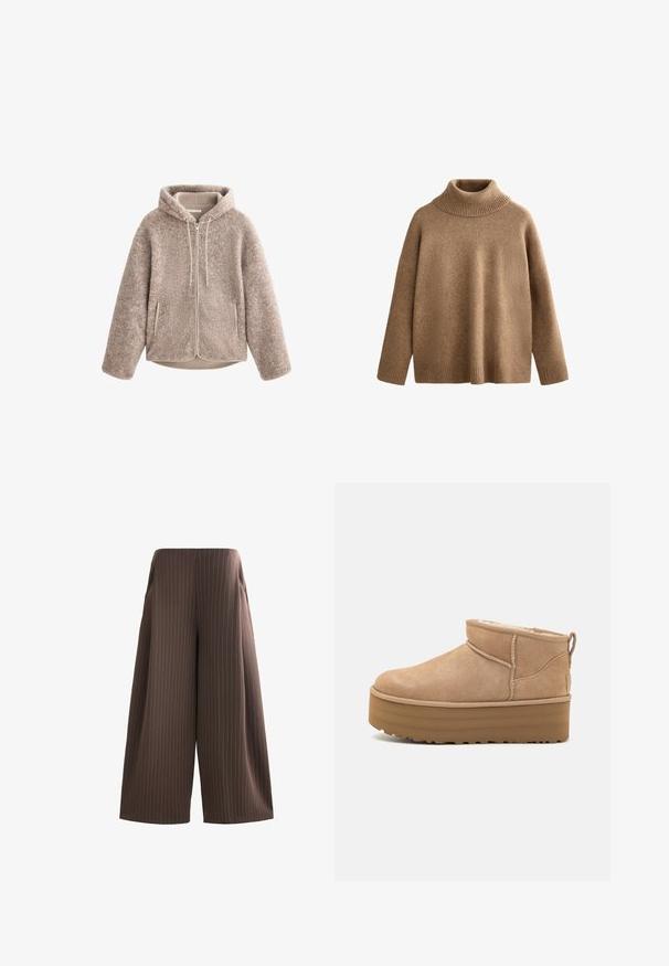Béžová fleecová bunda s kapucí, která má zipový přední díl, texturovanou tkaninu a dvě boční kapsy. Měkký, teplý materiál a volný střih.; Hnědý pletený rolák s žebrovaným límcem a manžetami. Volný střih s hladkou texturou a bezešvým designem.; Hnědé kalhoty s širokými nohavicemi a vertikálními bílými pruhy, vybavené bočními kapsami a hladkým povrchem. Ploché pásy bez viditelného hardwaru.; Béžové semišové kotníkové boty s plyšovým interiérem, které mají platformovou podrážku a poutko na zadní straně pro snadné obutí. Texturovaná gumová podrážka.