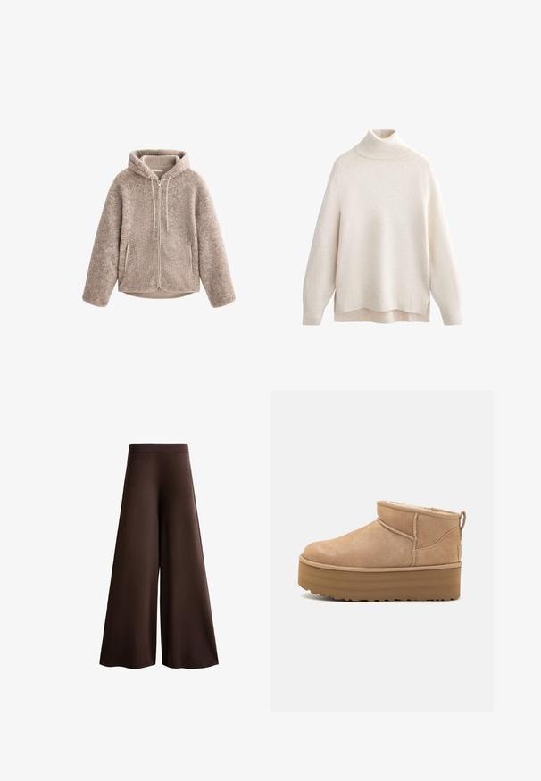 Beige fleece jacket with a hood, featuring a zippered front, textured fabric, and two side pockets. Soft, warm material and relaxed fit.; Cream turtleneck sweater, ribbed collar and cuffs, soft knit texture, relaxed fit, side slits, and slightly longer back hem.; Brown wide-leg trousers made of soft fabric, featuring a high waist, subtle texture, and a fluid silhouette with no visible closures or embellishments.; Beige suede ankle boots with a plush interior, featuring a platform sole and a pull tab at the back for easy wear. Textured rubber outsole.