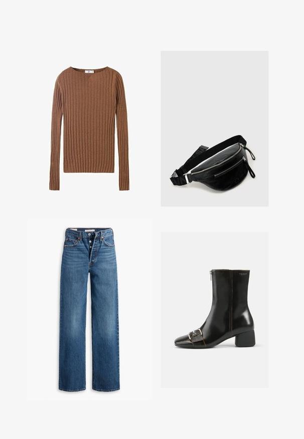Beige Fleece-Jacke mit Kapuze, ausgestattet mit einem Reißverschluss und strukturiertem Stoff sowie zwei Seitentaschen. Weiches, warmes Material und lockere Passform.; Brauner, gerippter Langarmpullover mit rundem Halsausschnitt, der einen strukturierten Stoff zeigt, der vertikale Linien betont. Einfaches und tailliertes Design.; Blaue Denim-Jeans mit weitem Bein, fünf Taschen, Knopfverschluss und kontrastierenden Nähten. Strukturierter Stoff mit einem verblassten Finish.; Schwarze Leder-Ankle-Boots mit runder Zehenpartie, seitlichem Reißverschluss und silbernem Schnallen-Detail. Mit einem klobigen Absatz und kontrastierenden Nähten.; Schwarze Leder-Bauchtasche mit zwei Reißverschlussfächern, strukturierter Oberfläche, verstellbarem Riemen und silberfarbenen Metallakzenten.