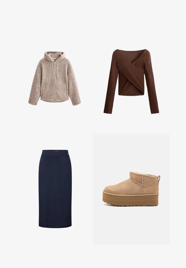 Beige fleece jack met een capuchon, met een ritssluiting aan de voorkant, gestructureerde stof en twee zijzakken. Zacht, warm materiaal en een ontspannen pasvorm.; Bruine geribbelde top met lange mouwen, met een crossover V-hals ontwerp, textuurstof en een aansluitende pasvorm. Bevat lange mouwen en heeft een cropped lengte.; Marineblauwe, knielange rok van zachte, rekbare stof. Heeft een soepele tailleband en een eenvoudig design zonder patronen of versieringen.; Beige suède enkellaarsjes met een pluche binnenvoering, voorzien van een plateauzool en een trekhaak aan de achterkant voor gemakkelijk aantrekken. Gemêleerde rubberen zool.