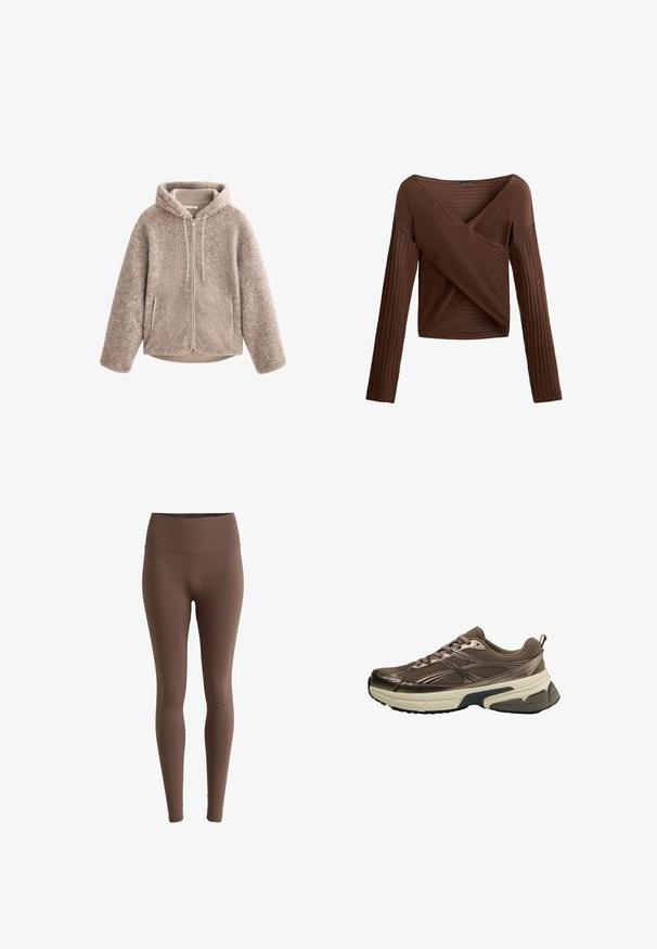 Bež flašasta jakna s kapuco, ki ima zadrgo na sprednji strani, teksturirano tkanino in dva stranska žepa. Mehka, topla tkanina in sproščen kroj.; Rjav rebrast dolg rokav zgornji del s križnim V-izrezom, teksturirano blago in prilegnjen silhuet. Ima dolge rokave in skrajšano dolžino.; Rjave legice iz gladkega, raztegljivega materiala, z visokim rebrastim pasom in zatesnjenim dizajnom po celotni dolžini nog.; Brazni atletski čevlji z mrežastim zgornjim delom, kovinskimi dodatki, debelim belim podplatom in teksturiranim črnim podplatom. Imajo vezalke in zanko za pomoč pri obuvanju.