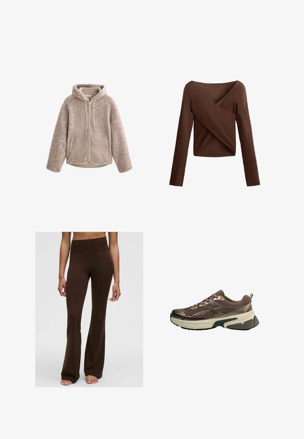 Beige fleecejakke med hætte, med lynlås foran, struktureret stof og to sidelommer. Blødt, varmt materiale og afslappet pasform.; Brun ribbet langærmet top med crossover V-halsdesign, tekstureret stof og tætsiddende silhuet. Har lange ærmer og cropped længde.; Brune flagrende bukser lavet af strækbart stof, med høj talje og glat tekstur, samt et tætsiddende oberste del og flagrende bendesign.; Brun atletiksko med meshnupper, metallic akcenter, tyk hvid mellemsål og struktureret sort sål. Har snører og en træktab.