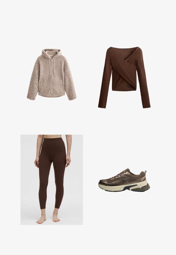 Beige fleece-takki, jossa on huppu, vetoketjukiinnitys, teksturoitu kangas ja kaksi sivutaskua. Pehmeää, lämpimää materiaalia ja rento malli.; Ruskea ribattuja pitkähihainen paita, jossa on ristiin menevä V-kaula-aukko, teksturoitu kangas ja tiivis siluetti. Siinä on pitkät hihat ja lyhyt pituus.; Ruskeat korkeavyötäröiset legginsit, joissa on sileä pinta, muotoiltu malli ja ei näkyviä kuvioita. Sauman yksityiskohtia sivuilla.; Ruskeat urheilukengät, joissa on verkkotoppa, metalliset yksityiskohdat, paksu valkoinen välipohja ja teksturoitu musta pohja. Varustettu nauhoilla ja vetotarralla.