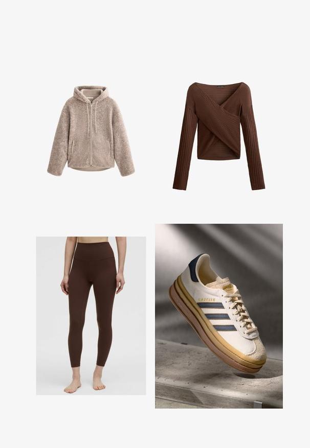 Beige fleece jack met een capuchon, met een ritssluiting aan de voorkant, gestructureerde stof en twee zijzakken. Zacht, warm materiaal en een ontspannen pasvorm.; Bruine geribbelde top met lange mouwen, met een crossover V-hals ontwerp, textuurstof en een aansluitende pasvorm. Bevat lange mouwen en heeft een cropped lengte.; Bruine hoge taille legging met een gladde textuur, aansluitend ontwerp en zonder zichtbare patronen. Naadtoeslag langs de zijkanten.; Adidas Gazelle sneaker met een crème suède bovenwerk, blauwe leren accenten, drie blauwe strepen, beige tussenzool en een bruine rubberen outsole.