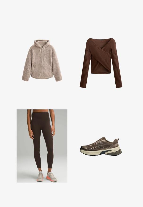 Beige fleece jacket with a hood, featuring a zippered front, textured fabric, and two side pockets. Soft, warm material and relaxed fit.; Brown ribbed long-sleeve top with a crossover V-neck design, textured fabric, and fitted silhouette. Features long sleeves and a cropped length.; lululemon WUNDER TRAIN HIGH-RISE 64CM - Leggings - espresso; Brown athletic shoe with mesh upper, metallic accents, thick white midsole, and textured black sole. Features laces and a pull tab.