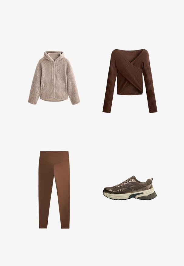 Jachetă din fleece bej cu glugă, având fermoar frontal, material texturat și două buzunare laterale. Material moale, cald și croială relaxată.; Top lung cu mâneci lungi, de culoare maro, cu design în formă de V suprapus, material texturat și siluetă ajustată. Prezintă mâneci lungi și lungime scurtă.; Leggings maronii cu o textură netedă, talie înaltă și picioare conice, realizate dintr-un material elastic. Fără modele sau hardware vizibil.; Pantofii sport maro au o parte superioară din plasă, accente metalice, o talpă intermediară groasă albă și o talpă texturată neagră. Dispun de șireturi și o bandă de prindere.