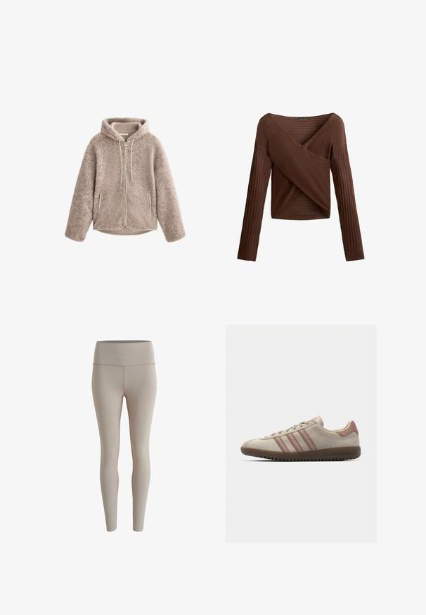 Bež flis jakna s kapuljačom, koja ima zatvarač sprijeda, teksturirani materijal i dva bočna džepa. Mekan, topao materijal i opušteni kroj.; Smeđi rebrasti top dugih rukava s preklopljenim V-izrezom, teksturiranom tkaninom i prilagođenom siluetom. Ima duge rukave i kraći kroj.; Bež tajice od rastezljivog materijala, s visokim strukom i glatkom teksturom, bez vidljivih uzoraka ili metalnih detalja.; Bež nubuk tenisice s ružičastim akcentima, koje imaju tri preklapajuće pruge, teksturirani vrh i gumeni đon s utorima.