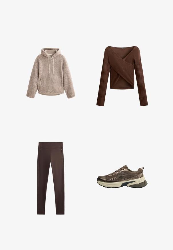 Beige fleece jack met een capuchon, met een ritssluiting aan de voorkant, gestructureerde stof en twee zijzakken. Zacht, warm materiaal en een ontspannen pasvorm.; Bruine geribbelde top met lange mouwen, met een crossover V-hals ontwerp, textuurstof en een aansluitende pasvorm. Bevat lange mouwen en heeft een cropped lengte.; Bruine fitness leggings met een zachte textuur, hoge tailleband en twee zijritsen voor zakken, met een op maat gemaakte, slim fit ontwerp.; Bruine sportieve schoen met een bovenwerk van mesh, metallic accenten, dikke witte tussenzool en een gestructureerde zwarte zool. Voorzien van veters en een trekband.