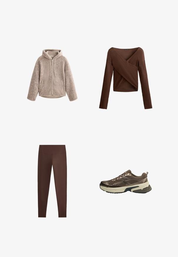 Beige színű polárdzseki kapucnival, cipzáros előlappal, texturált anyaggal és két oldalsó zsebbel. Puha, meleg anyag és laza fazon.; Barna bordázott, hosszú ujjú felső keresztben kivágott V-nyakkivágással, texturált anyagból és testhez simuló szabással. Hosszú ujjakkal és rövidített hosszal rendelkezik.; Barna leggings sima, rugalmas anyagból, magas derékrésszel és testhezálló sziluettel, látható minták vagy díszítések nélkül.; Barna sportcipő, hálós felsőrésszel, fémes díszítésekkel, vastag fehér középtalppal és texturált fekete talppal. Fűzős, és hátul húzófüle is van.