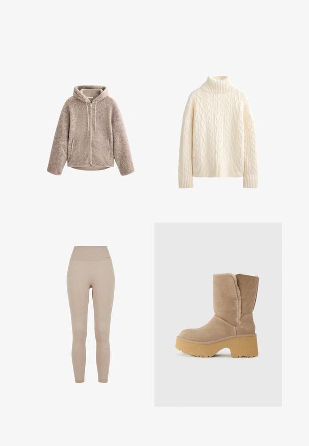 Beige fleece jack met een capuchon, met een ritssluiting aan de voorkant, gestructureerde stof en twee zijzakken. Zacht, warm materiaal en een ontspannen pasvorm.; Crèmekleurige coltrui met kabelbreipatronen, geribbelde manchetten en een brede zoom. Gemaakt van zachte, gestructureerde stof.; Beige geribbelde leggings met een hoge tailleband, gemaakt van een zachte, rekbare stof voor comfort en bewegingsgemak.; Beige suede laarzen tot halverwege het kalf met een dikke gele plateauzool, voorzien van een zachte, gestructureerde voering en een ronde neus. Eenvoudige buitenkant.