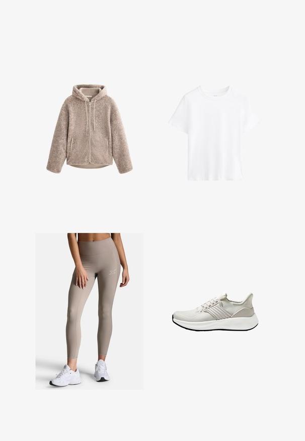 Beige fleece jacket with a hood, featuring a zippered front, textured fabric, and two side pockets. Soft, warm material and relaxed fit.; White cotton t-shirt, short sleeves, round neckline, relaxed fit, smooth texture, no patterns or accents, simple design, versatile style.; Beige high-waisted leggings with a ribbed waistband, smooth texture, and subtle stitching detail. Paired with white athletic shoes.; Lightweight athletic shoe in beige mesh material with a textured finish, featuring a white sole and tonal side accents. Simple lace-up design.