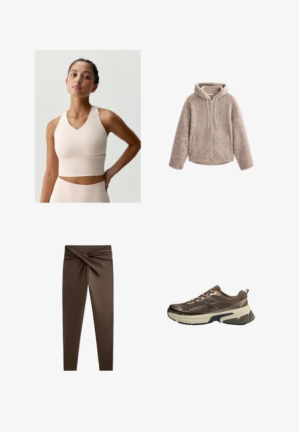 Béžová fleecová bunda s kapucí, která má zipový přední díl, texturovanou tkaninu a dvě boční kapsy. Měkký, teplý materiál a volný střih.; Béžová sportovní podprsenka s designem do V, vyrobená z hladké tkaniny. Obsahuje široký pás a decentní branding na dolním okraji.; Hnědé legíny s detailním zkroucením v přední části, vyrobené z hladkého, elastického materiálu s přiléhavým střihem a bez ozdob.; Hnědá sportovní obuv s horní částí z prodyšné síťoviny, kovovými akcenty, silnou bílou mezipodešví a texturovanou černou podrážkou. Obsahuje tkaničky a poutko.
