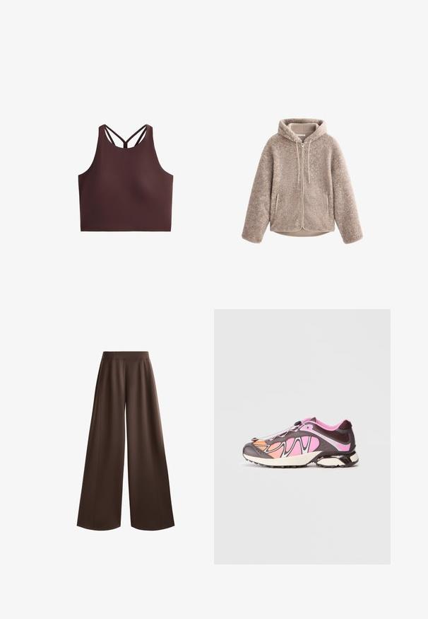 Beżowa polarowa kurtka z kapturem, z zamkiem błyskawicznym z przodu, teksturowana tkanina i dwie boczne kieszenie. Miękki, ciepły materiał i luźny krój.; Brązowy sportowy crop top z wysokim dekoltem, cienkimi ramiączkami tworzącymi wzór X na plecach, wykonany z gładkiego, elastycznego materiału.; Szerokie spodnie w jednolitym, ciemno-brązowym kolorze, o gładkiej fakturze, wysokim stanie i fałdach z przodu, które dodają szczegółu do projektu.; Buty sportowe w odcieniach ciemnego brązu, różu i pomarańczy. Gładki materiał oraz fakturowane panele z czarnym systemem zapięcia.