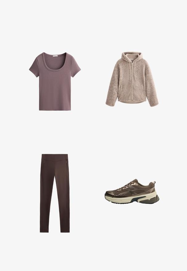 Bež flašasta jakna s kapuco, ki ima zadrgo na sprednji strani, teksturirano tkanino in dva stranska žepa. Mehka, topla tkanina in sproščen kroj.; Kratki rokav, majica s krojem na vratu v mehkem, mauve rebrastem materialu. Ima krojen oblik in gladko teksturo.; Rjave fitnes hlače z gladko teksturo, visokim pasom in dvema stranskima zadrgama za žep, z natančno prileganjem in vitkim oblikovanjem.; Brazni atletski čevlji z mrežastim zgornjim delom, kovinskimi dodatki, debelim belim podplatom in teksturiranim črnim podplatom. Imajo vezalke in zanko za pomoč pri obuvanju.