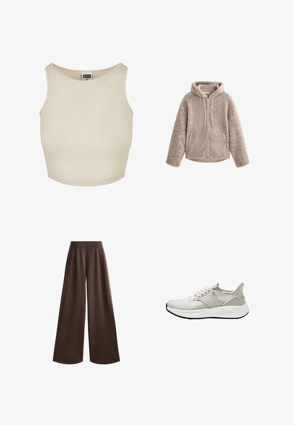 Bež flis jakna s kapuljačom, koja ima zatvarač sprijeda, teksturirani materijal i dva bočna džepa. Mekan, topao materijal i opušteni kroj.; Bež prugasti kratki top s okruglim izrezom i bez rukava. Ima jednostavnu teksturu i diskretni brend oznaku unutar izreza.; Hlače širokih nogavica u tamnosmeđoj boji, s glatkom teksturom, visokim strukom i prednjim nabranjima za dodatne dizajnerske detalje.; Lagane atletske tenisice od bež mrežastog materijala s teksturiranim finišom, koje imaju bijeli potplat i tonirane bočne naglaske. Jednostavan dizajn s vezanjem.