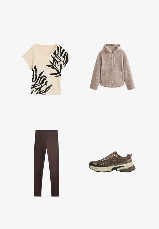 Beige fleece-takki, jossa on huppu, vetoketjukiinnitys, teksturoitu kangas ja kaksi sivutaskua. Pehmeää, lämpimää materiaalia ja rento malli.; Toppi, jossa on V-aukko ja lyhyet hihat, beige kangas mustalla ja valkoisella abstraktilla kuviolla, rento istuvuus, pehmeä rakenne, muodikas muotoilu, rohkeat kontrastivärit.; Ruske treningsleggings med en jevn tekstur, høy midje og to sidet glidelåser for lommer, med en skreddersydd, slim fit design.; Ruskeat urheilukengät, joissa on verkkotoppa, metalliset yksityiskohdat, paksu valkoinen välipohja ja teksturoitu musta pohja. Varustettu nauhoilla ja vetotarralla.