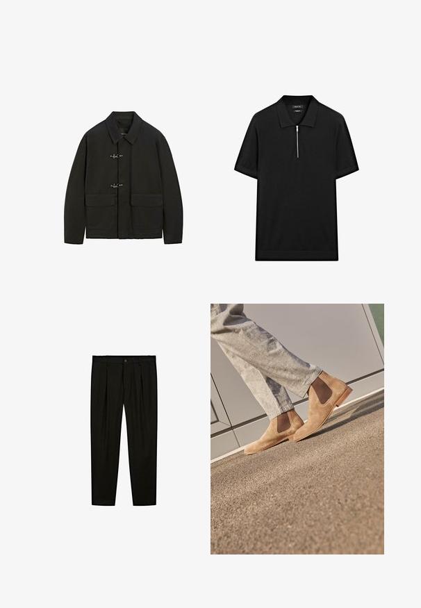 Schwarze Jacke mit Kragen, silbernen Steckverschlüssen und zwei aufgesetzten Taschen. Sie hat einen geraden Schnitt und eine matte Textur.; Schwarzes kurzärmliges Poloshirt mit Stehkragen und einem Reißverschluss vorne. Hergestellt aus einem glatten Stoff mit einem klaren, minimalistischen Design.; Schwarze maßgeschneiderte Hose aus glattem Stoff. Zu den Merkmalen gehören eine flache Vorderseite, weite Beine und ein Knopfverschluss am Taillenbund.; Braune Wildleder Chelsea Boots mit elastischen Seitenpaneelen und einer glatten, tanfarbenen Gummisohle, kombiniert mit hellgrauen Hosen auf einer strukturierten Oberfläche.