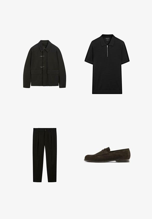 Czarna kurtka z kołnierzem, srebrnymi zapięciami na toggle i dwoma przednimi kieszeniami. Ma prosty krój i matową teksturę.; Czarna koszulka polo z krótkim rękawem, z kołnierzykiem stójkowym i zamkiem błyskawicznym z przodu. Wykonana z gładkiego materiału o czystym, minimalistycznym designie.; Czarne dopasowane spodnie wykonane z gładkiego materiału. Cechy to płaski przód, szerokie nogawki i zapięcie na guzik w pasie.; Brązowy zamszowy loafers z zaokrąglonym noskiem, z ozdobnym paskiem wzdłuż cholewki i niskim skórzanym obcasem. Gładka faktura i minimalistyczny design.