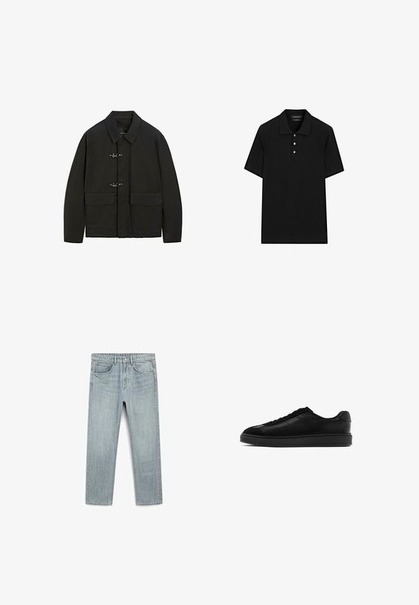Sort jakke med krave, sølvfarvede lukninger og to forlommer. Den har en lige pasform og en mat overflade.; Sort polo shirt med ribbet tekstur, korte ærmer, flad krave og treknap-lukning. Enkelt og klassisk design.; Lys blå denimjeans med lige snit, fem lommer og en synlig knap- og lynlåslukning. Glat tekstur med let falmning.; Sorte lædersneakers med en glat overflade, rund tå, snørebånd foran og en kontrasterende tekstureret tunge. Tykk sort gummisål.