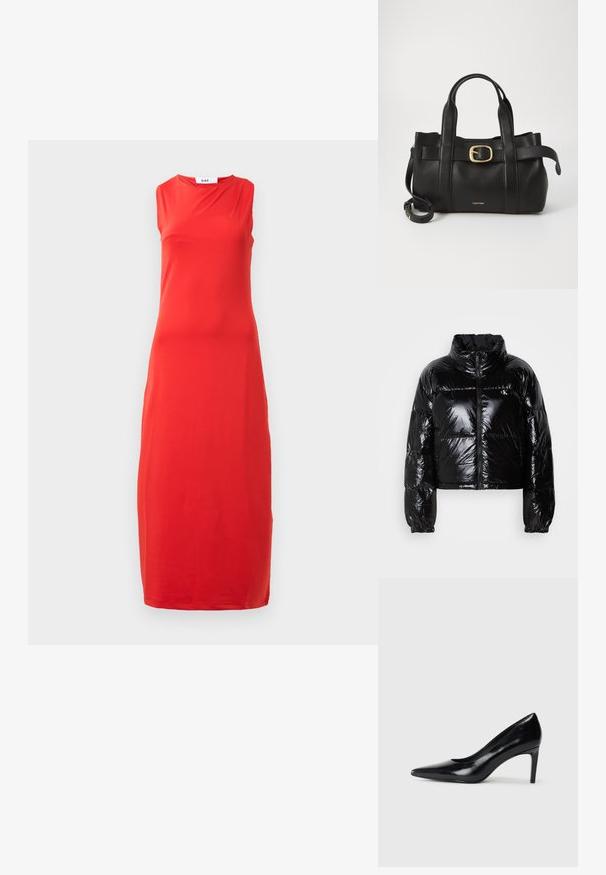 Čierna páperová bunda so lesklou, hladkou textúrou, skráteným dizajnom, vysokým golierom a elastickými manžetami. Obsahuje predný zips a detail s logom.; Rúško bez rukávov, dlhé po zem, červenej farby s vysokým okrúhlym výstrihom a jemnými drapériami na golieri.; Čierna kožená vysoká topánka s ihlovým podpätkom a špičatou špicou, hladkou textúrou a zúženým podpätkom. Minimalistický dizajn, bez ďalších ozdôb.; Čierna kožená kabelka s štruktúrovaným dizajnom, dvojitými hornými uchopiteľmi, zlatým prackovým akcentom a embosovaným logom značky na prednej strane.