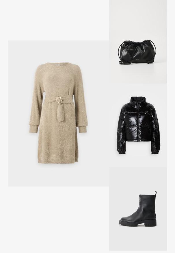 Schwarze Pufferjacke mit glänzender, glatter Textur, verkürztem Schnitt, hohem Kragen und elastischen Bündchen. Verfügt über einen Frontreißverschluss und ein Logodetail.; Beige, langärmliges Strickkleid mit strukturiertem Finish. Verfügt über einen gebundenen Gürtel mit einem sternförmigen Metallelement in der Taille.; Schwarze Leder-Ankle-Boots mit seitlichem Reißverschluss, abgerundeter Zehenpartie und einer klobigen, strukturierten Sohle. Subtile Markenkennzeichnung an der Seite.; Schwarze Lederhandtasche mit gerafftem Design, doppeltem Kordelzugverschluss und abnehmbarem Schulterriemen. Mit metallic Logo-Details.