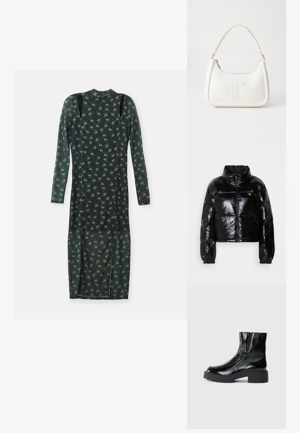 Svart puffjacka med en glänsande, slät textur, cropped design, hög krage och elastiska manschetter. Innehåller en framzipper och logodetalj.; Långärmad klänning i mörkgrön genomskinlig tyg, med ett mönster av gula-gröna ögon över hela, svart axelaccenter och halvkrage.; Svarta anklar stövlar med en glänsande lackläderfinish, kraftig svart gummisula och upphöjd klack; inkluderar subtil logotypdetalj på sidan.; Vit läderhandväska med en böjd form, som har en präglad "CK"-logotyp på framsidan och ett enda axelband. Dragkedjestängning upptill.
