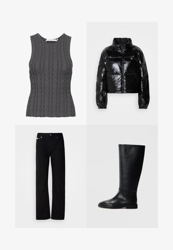 Black puffer jacket with a shiny, smooth texture, cropped design, high collar, and elasticized cuffs. Features a front zipper and logo detail.; Gray sleeveless cable-knit top with a round neckline, featuring a textured pattern and a fitted shape. Brand label visible inside.; Black denim straight-leg pants with five pockets, silver rivets, and a button fly. The fabric has a smooth, slightly textured finish.; Black leather knee-high boot with a rounded toe, smooth texture, minimalistic design, and a flat sole. Simple seam details on the shaft.