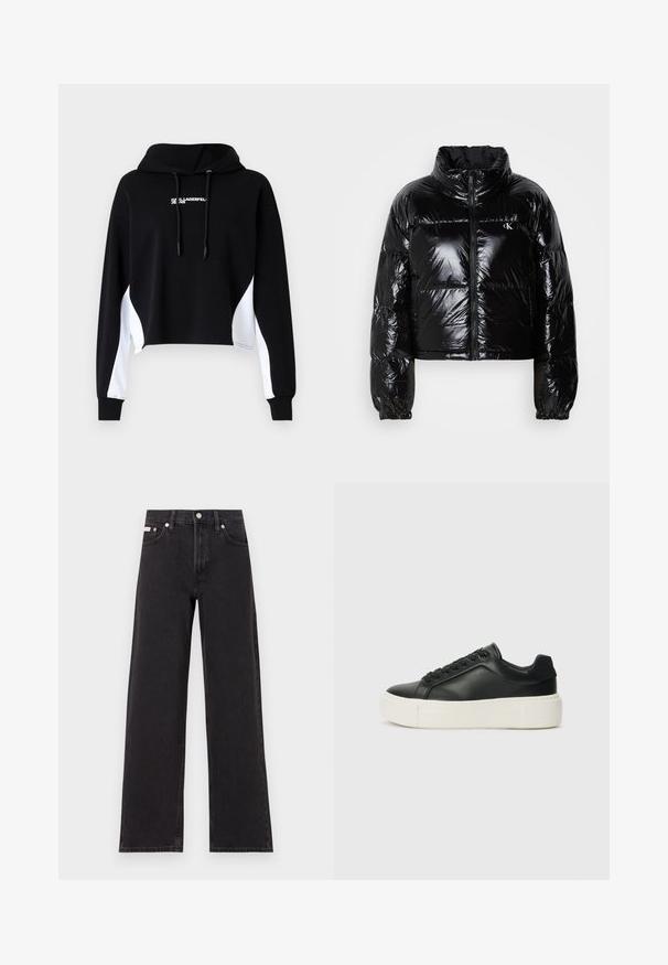 Black puffer jacket with a shiny, smooth texture, cropped design, high collar, and elasticized cuffs. Features a front zipper and logo detail.; Black cropped hoodie with white side panels, drawstring hood, and front lettering. Made from soft fabric; features long sleeves and ribbed cuffs.; Black wide-leg jeans made of denim, featuring a high-rise waist, five-pocket styling, and a metal button closure with contrasting stitching.; Black leather sneaker with a rounded toe, white platform sole, and black laces. Features a subtle logo on the heel and smooth texture.