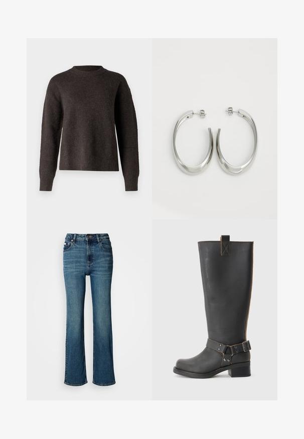 Zwarte pufferjack met een glanzende, gladde textuur, een cropped ontwerp, hoge kraag en elastische cuffs. Voorzien van een rits aan de voorkant en logo-detail.; Samsøe Samsøe ANOUR - Trui - chocolate torte; Hogwaardige blauwe jeans van denim, met een rechtzittend ontwerp, subtiele vervaging en een standaard knoop- en ritssluiting.; Zwarte leren knie- hoog laars met een gestructureerde afwerking, voorzien van een zijgesp accent en een lage hak. Gedetailleerde stiksels langs de naden.; Zilveren oorringen met een gladde, gebogen vorm. Voorzien van een glanzende metallic afwerking en studsluiting. Geen zichtbare patronen of accenten.
