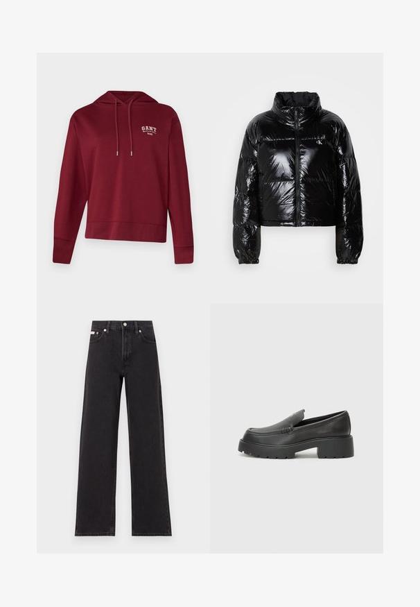 Černá péřová bunda s lesklou, hladkou texturou, zkráceným designem, vysokým límcem a elastickými manžetami. Obsahuje přední zip a detail s logem.; GANT SMALL GRAPHIC HOODIE - Mikina - plumped red; Černé široké jeansy vyrobené z denimu, s vysokým pasem, pěti kapsami a kovovým zapínáním s kontrastním prošíváním.; Černé kožené mokasíny s okrouhlou špičkou, silnou strukturovanou podrážkou a minimálními detaily šití. Elegantní design bez viditelných tkaniček nebo kovových prvků.