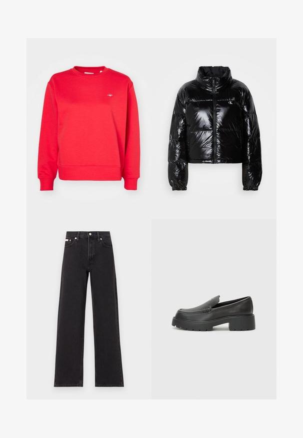 Black puffer jacket with a shiny, smooth texture, cropped design, high collar, and elasticized cuffs. Features a front zipper and logo detail.; Red cotton sweatshirt featuring a crew neck, long sleeves, ribbed cuffs and hem, with a small logo detail on the chest.; Black wide-leg jeans made of denim, featuring a high-rise waist, five-pocket styling, and a metal button closure with contrasting stitching.; Black leather loafers with a rounded toe, thick textured sole, and minimal stitching details. Sleek design with no visible laces or hardware.
