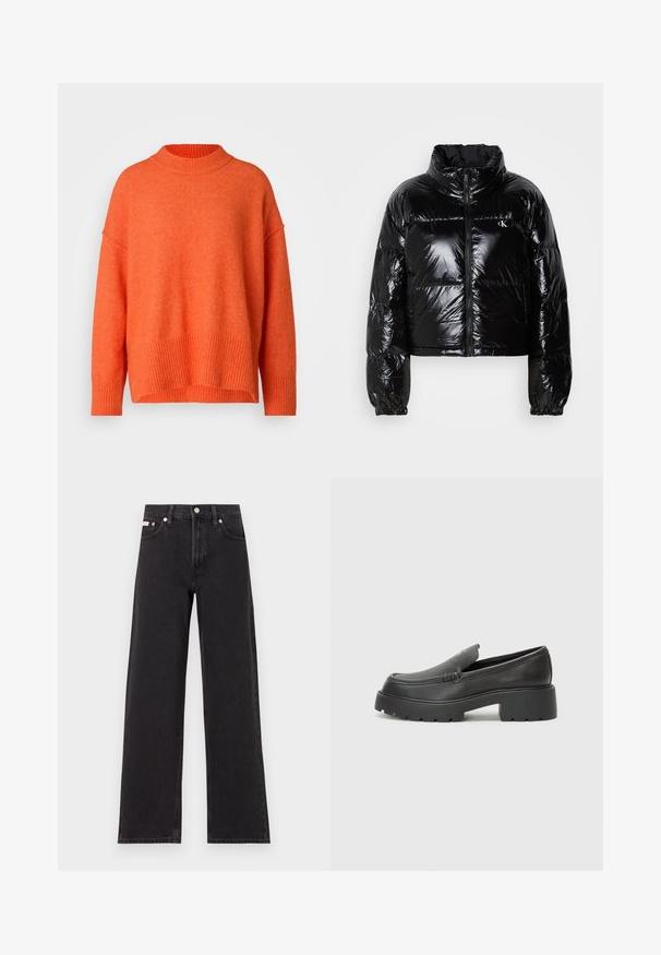 Schwarze Pufferjacke mit glänzender, glatter Textur, verkürztem Schnitt, hohem Kragen und elastischen Bündchen. Verfügt über einen Frontreißverschluss und ein Logodetail.; Orangenes, übergroßes Sweatshirt mit hohem, geripptem Kragen und geripptem Saum. Weicher, strukturierter Stoff mit überschnittenen Schultern und lässiger Passform.; Schwarze weit geschnittene Jeans aus Denim mit einem hoch sitzenden Bund, fünf Taschen und einem Metallknopfverschluss mit kontrastierendem Nähte.; Schwarze Lederloafer mit einer abgerundeten Spitze, dicker strukturierten Laufsohle und minimalen Nähten. Schlankes Design ohne sichtbare Schnürsenkel oder Beschläge.