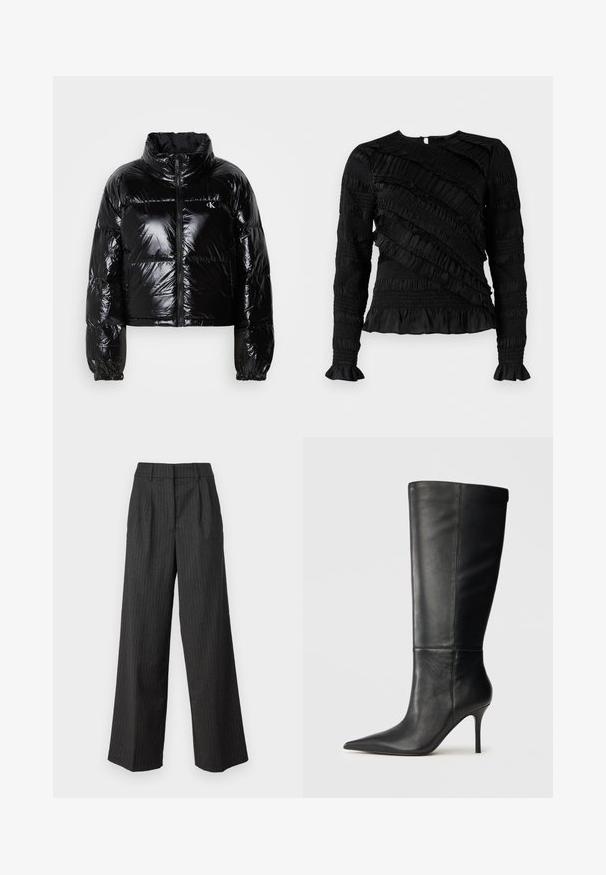 Svart puffjakke med en skinnende, glatt tekstur, kort design, høy krage og elastiske mansjetter. Har glidelås foran og logo-detalj.; Svart langermet topp med teksturerte volanger i varierende bredder, med rund hals og flagrende mansjetter. Bakre glidelås lukking.; Høyt liv, vide bukser i mørkegrå med tynne vertikale striper. Har en skreddersydd stil og myk tekstur. Folder foran.; Sorte lærknæhøje støvler med spids tå og slank stilettohæl, glat tekstur, sideprofil på neutral baggrund.