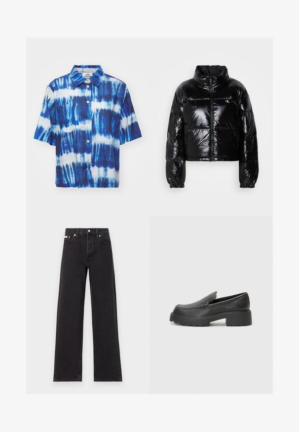 Černá péřová bunda s lesklou, hladkou texturou, zkráceným designem, vysokým límcem a elastickými manžetami. Obsahuje přední zip a detail s logem.; Mads Nørgaard COLIN LORELLA - Košilová halenka - merthyl blue; Černé široké jeansy vyrobené z denimu, s vysokým pasem, pěti kapsami a kovovým zapínáním s kontrastním prošíváním.; Černé kožené mokasíny s okrouhlou špičkou, silnou strukturovanou podrážkou a minimálními detaily šití. Elegantní design bez viditelných tkaniček nebo kovových prvků.