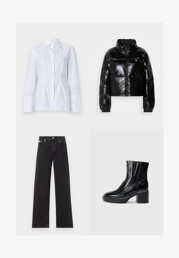 Must värviline sulejope, millel on sädelev, sile tekstuur, lühendatud disain, kõrge krae ja elastsed mansetid. Ees on lukk ja logodetail.; Valge pikakäine särk puuvillakangast, millel on järsult väljaulatuv krae, nööpidega ees sulgemine ja peened vertikaalsed õmblused esiküljel.; Mustad laiad mustad teksad, millel on kõrge vöökoht, viie tasku stiil ja metallist nööpkinnitus kontrastsete õmblustega.; Mustmustest must paeltega särkide, millel on kõver varvas, elastsed külgpaneelid ja jäme plokkpealse. Tagaküljel on reljeefne logo.