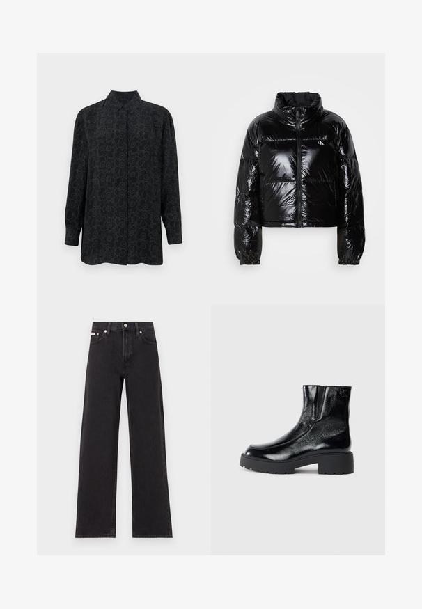 Čierna páperová bunda so lesklou, hladkou textúrou, skráteným dizajnom, vysokým golierom a elastickými manžetami. Obsahuje predný zips a detail s logom.; Čierna košeľa s dlhým rukávom a golierom, s kvetinovým črtovým vzorom v tmavo sivej farbe. Vyrobená z hladkého materiálu s uvoľneným strihom.; Čierne široké džínsy vyrobené z denimu, s vysokým pásom, piatimi vreckami a kovovým zapínaním s kontrastným šitím.; Čierne kotníkové topánky s lesklým patentným koženým povrchom, masívnou čiernou gumovou podrážkou a vyvýšeným podpätkom; na boku obsahujú jemný detail loga.