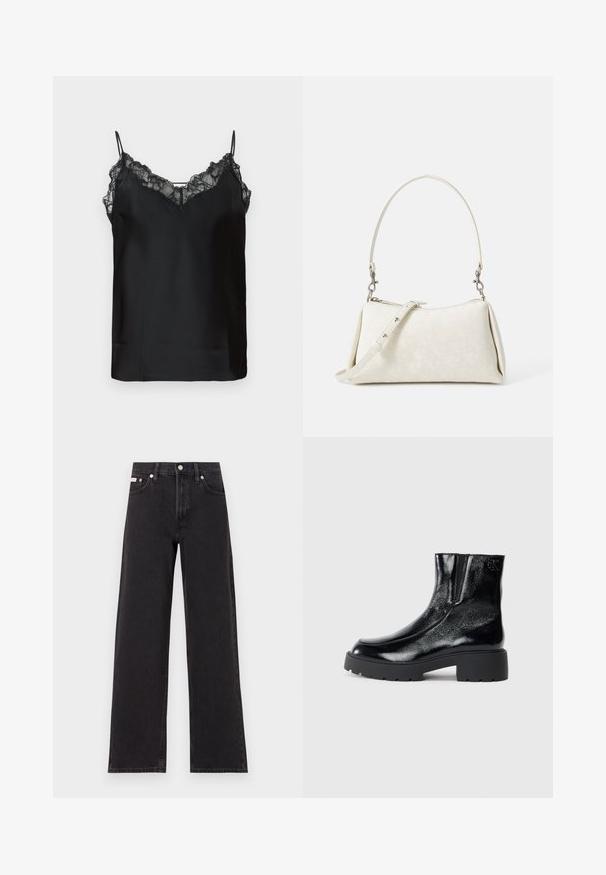 Giacca a vento nera con una texture lucida e liscia, design corto, colletto alto e polsini elasticizzati. Presenta una chiusura lampo frontale e un dettaglio con logo.; Camisola nera con sottili spalline regolabili, bordo in pizzo lungo il collo e una texture satinata liscia. Design semplice ed elegante.; Jeans neri a gamba larga in denim, con vita alta, styling a cinque tasche e chiusura con bottone metallico e cuciture a contrasto.; Stivali neri alla caviglia con una finitura in pelle laccata lucida, suola in gomma nera spessa e tacco rialzato; include un discreto dettaglio del logo sul lato.; Borsa bianca con texture liscia, silhouette curva e tracolla regolabile. Presenta un sottile motivo con logo e accenti in metallo argentato.