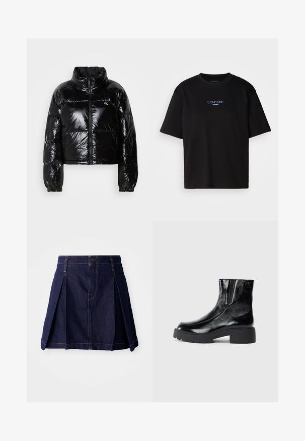 Zwarte pufferjack met een glanzende, gladde textuur, een cropped ontwerp, hoge kraag en elastische cuffs. Voorzien van een rits aan de voorkant en logo-detail.; Zwart katoenen T-shirt met ronde hals, korte mouwen en blauw geborduurd "Calvin Klein JEANS" logo op de voorkant.; Donkerdenim rok met plooien, een knoopsluiting en contrasterende stiksels. Eenvoudig ontwerp met een uitlopende vorm en een middellange snit.; Zwarte enkellaarsjes met een glanzende lakleren afwerking, chunky zwarte rubberen zool en verhoogde hak; inclusief subtiele logo-detail aan de zijkant.