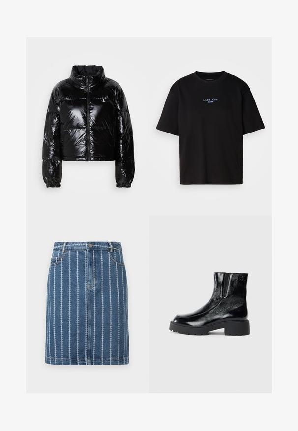 Mustapuffatakki, jossa on kiiltävä ja sileä pinta, lyhyt malli, korkea kaulus ja joustavat hihansuut. Varustettu etuvetoketjulla ja logopainatuksella.; Musta puuvillainen t-paita, jossa on pyöreä kaula-aukko, lyhyet hihat ja sininen brodeerattu "Calvin Klein JEANS" -logo edessä.; Denimhame, jossa on pystysuorat valkoiset raidat, vyötärönauha, etutaskut ja suora leikkaus. Sininen kangas, jonka rakenne on hieman kulunut.; Mustat nilkkurit, joissa on kiiltävä patenttinahkafarba, paksu musta kumipohja ja korkeampi korko; sisältää hienovaraisen logon yksityiskohdan sivussa.