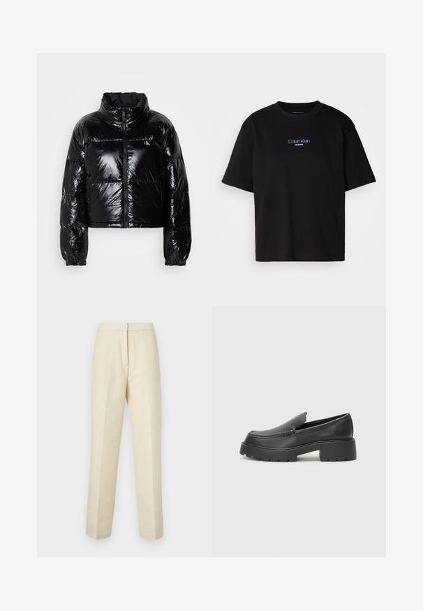 Jachetă puffer neagră cu o textură strălucitoare și netedă, design scurt, guler înalt și manșete elastice. Are un fermoar frontal și detalii cu logo.; Tricou din bumbac negru cu guler rotund, mâneci scurte și logo-ul brodat în albastru "Calvin Klein JEANS" pe față.; Pantaloni de culoare crem deschis, ajustați, cu un model floral texturat, având picioare drepte și un talie curată cu închidere pe spate.; Mocasini din piele neagră, cu vârf rotunjit, talpă groasă texturată și detalii minimale de cusătură. Design elegant, fără șireturi sau accesorii vizibile.