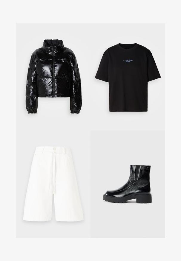 Črna puhovka z bleščečo, gladko teksturo, krojena zasnova, visok ovratnik in elastični manšeti. Ima sprednji zadrgo in detajl z logotipom.; Črna bombažna majica s krožnim izrezom, kratkimi rokavi in modrim vezenim logotipom "Calvin Klein JEANS" na sprednji strani.; Beli jeans culotte v belem, z medeni pasom, detajlom s prednjim vozlom in širokimi nogami. Preprost dizajn brez vidnih vzorcev ali okraskov.; Črne gležnarje z sijajnim patentiranim usnjem, debele črne gumijaste podplate in dvignjen petni del; vključujejo subtilen logotip na strani.