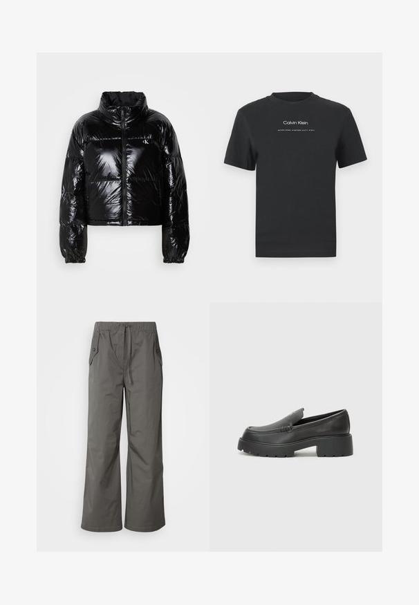 Juodas pūkinis švarkas su blizgia, lygiomis tekstūromis, trumpu dizainu, aukštu apykakle ir elastinėmis rankogaliais. Su priekiniais užtrauktukais ir logo detalėmis.; Juodas medvilninis marškinėliai su apvaliu kaklu, trumpomis rankovėmis ir baltu spausdintu "Calvin Klein" logotipu bei tekstu "Įkurtas 1968".; Pilkos plačios kojų kelnės, pagamintos iš lengvos medžiagos, su elastinga juosta, raišteliu ir dviem šoniniais kišenėmis su mygtuko akcentais.; Juodi odiniai loaferiai su apvaliu pirštu, storu tekstūruotu padu ir minimaliu siūlių dekoru. Išskirtinis dizainas be matomų raištelių ar furnitūros.