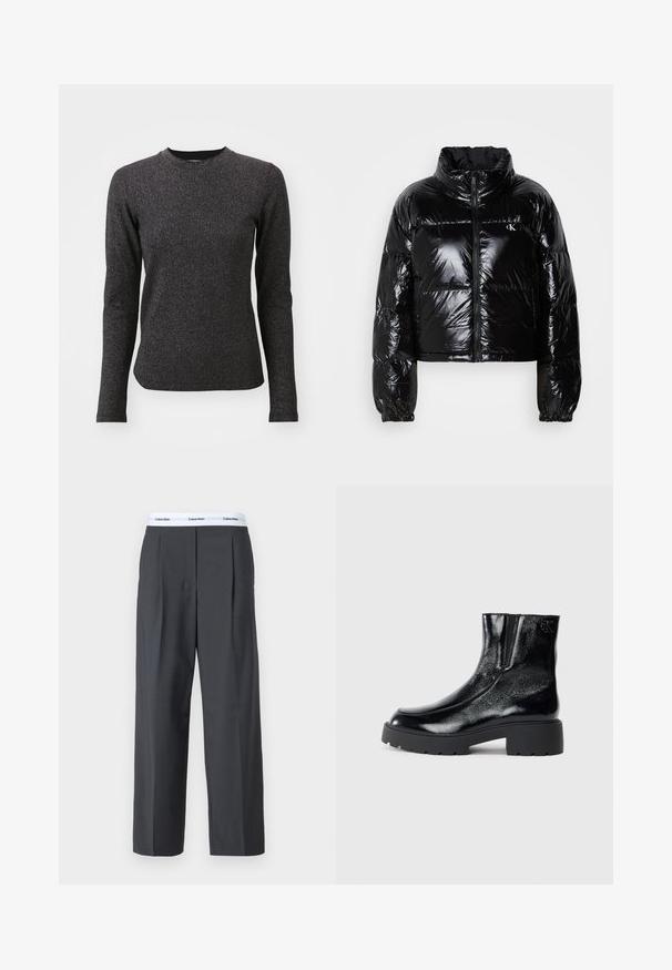 Must värviline sulejope, millel on sädelev, sile tekstuur, lühendatud disain, kõrge krae ja elastsed mansetid. Ees on lukk ja logodetail.; Must mustriga mustriga mustriga mustriga mustriga mustriga mustriga mustriga mustriga mustriga mustriga, mis on valmistatud tekstureeritud, ribakujulisest kangast ja millel on ümmargune kaelus. Omab peeneid sädelevate lõngade detaile.; Hallid hallid püksid, mis on valmistatud siledast kangast, ees oleva voltimisega ja valge vöökohtaga, millel on Calvin Kleini logo.; Mustad mustad tossud läikiva patendi nahaga viimistlusega, jäme musta kummist tald ja kõrgendatud konts; sisaldab külgedel peent logodegust.