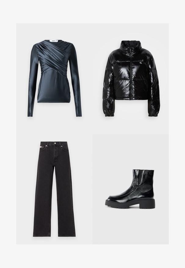 Black puffer jacket with a shiny, smooth texture, cropped design, high collar, and elasticized cuffs. Features a front zipper and logo detail.; Long-sleeved top in dark navy satin with gathered detailing across the front and smooth texture, featuring a crew neckline and fitted silhouette.; Black wide-leg jeans made of denim, featuring a high-rise waist, five-pocket styling, and a metal button closure with contrasting stitching.; Black ankle boots with a glossy patent leather finish, chunky black rubber sole, and raised heel; includes subtle logo detail on the side.