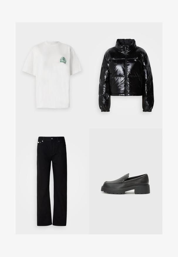 Jachetă puffer neagră cu o textură strălucitoare și netedă, design scurt, guler înalt și manșete elastice. Are un fermoar frontal și detalii cu logo.; Tricou alb din bumbac cu mâneci scurte și guler rotund. Acesta are o imprimare grafică verde pe partea stângă a pieptului.; Pantaloni din denim negri, cu croială dreaptă, având cinci buzunare, cu nituri argintii și închidere cu nasture. Materialul are o textură netedă, ușor texturată.; Mocasini din piele neagră, cu vârf rotunjit, talpă groasă texturată și detalii minimale de cusătură. Design elegant, fără șireturi sau accesorii vizibile.