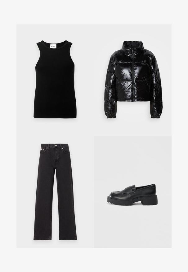 Svart puffjacka med en glänsande, slät textur, cropped design, hög krage och elastiska manschetter. Innehåller en framzipper och logodetalj.; Svart ärmlös topp med ribbat mönster, rund halsringning och åtsittande passform. Etiketten visar "DAY"-logotypen.; Svarta vida jeans i denim med hög midja, fem fickor och metallknappstängning med kontrasterande sömmar.; Svarta läder loafers med en texturerad yta, med ett rektangulärt band över foten och en kraftig, räfflad sula.