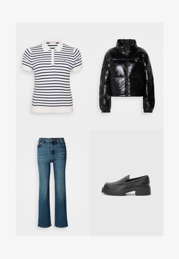 Must värviline sulejope, millel on sädelev, sile tekstuur, lühendatud disain, kõrge krae ja elastsed mansetid. Ees on lukk ja logodetail.; Valge polo särk, millel on tumesinised horisontaalsed triibud, ribakujuline tekstuur, kahe nupuga kaelus ja tikandiga logo rinna peal.; Kõrge vöökohaga sinised teksad, mis on valmistatud denimist, sirge jalaga disain, kerge pleekimine ning tavaline nööp ja tõmblukk.; Mustad nahast loafers ümarate varvastega, paksu tekstuuriga tald ja minimaalsete õmbluse detailidega. Viimistletud disain, kus pole nähtavaid paelu ega riistu.